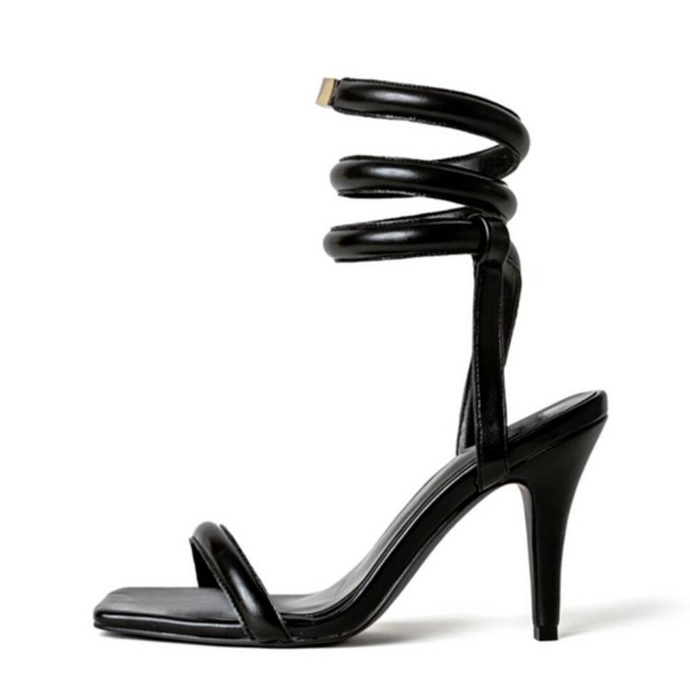 Cult Of Coquette Tina Black Vegan Leather Sandals Wrap Heels Size 6